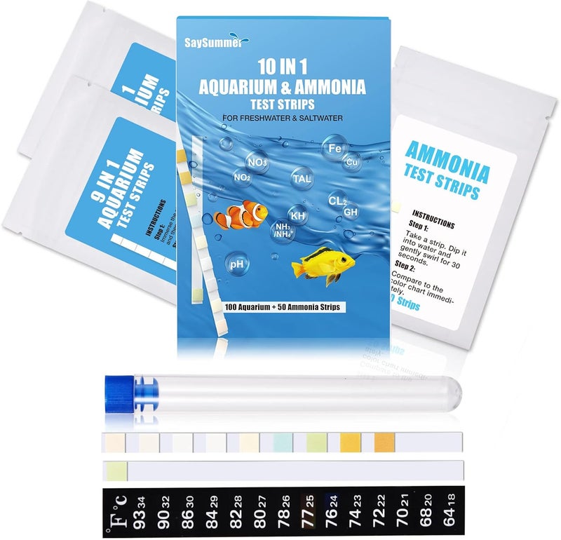 SaySummer 10 in 1 Ammonia Test Kit for Aquarium, 150ct Aquarium Ammonia Test Strips Freshwater Saltwater, Fish Tank Aquarium Test Strips Kit - Testing Ammonia and 9 More ! - Image 1